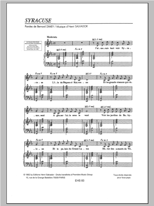 Henri Salvador Syracuse Sheet Music Notes & Chords for Piano & Vocal - Download or Print PDF