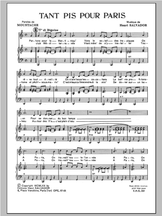 Henri Salvador Tant Pis Pour Paris Sheet Music Notes & Chords for Piano & Vocal - Download or Print PDF