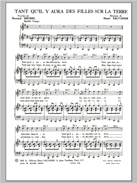 Henri Salvador Tant Qu'il Y Aura Des Filles Sur La Terre Sheet Music Notes & Chords for Piano & Vocal - Download or Print PDF