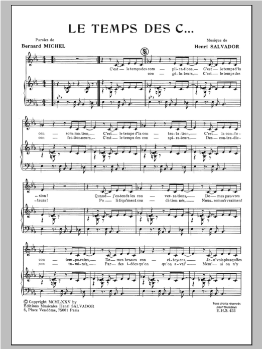 Henri Salvador Temps Des C Sheet Music Notes & Chords for Piano & Vocal - Download or Print PDF