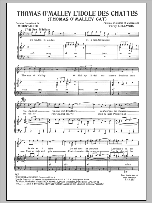 Henri Salvador Thomas O'Malley L'idole Des Chattes Sheet Music Notes & Chords for Piano & Vocal - Download or Print PDF
