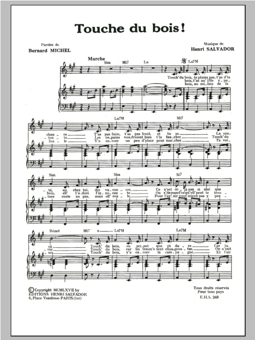 Henri Salvador Touche Du Bois Sheet Music Notes & Chords for Piano & Vocal - Download or Print PDF
