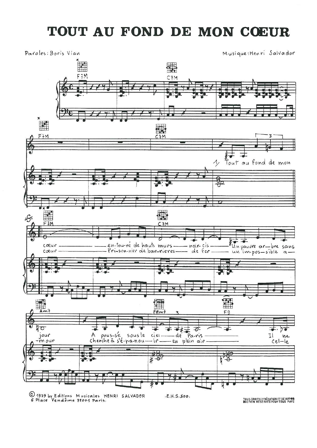 Henri Salvador Tout Au Fond De Mon Coeur Sheet Music Notes & Chords for Piano, Vocal & Guitar - Download or Print PDF