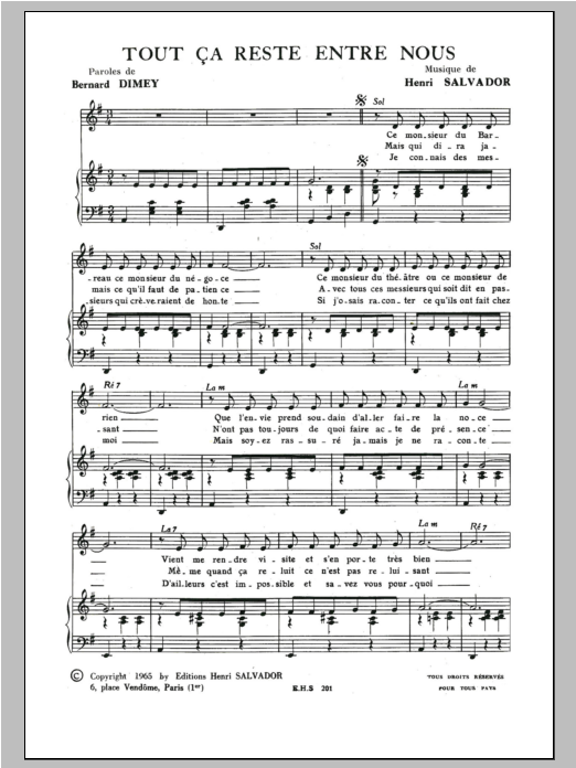 Henri Salvador Tout Ca Reste Entre Nous Sheet Music Notes & Chords for Piano & Vocal - Download or Print PDF