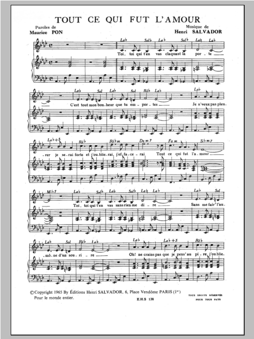 Henri Salvador Tout Ce Qui Fut L'amour Sheet Music Notes & Chords for Piano & Vocal - Download or Print PDF