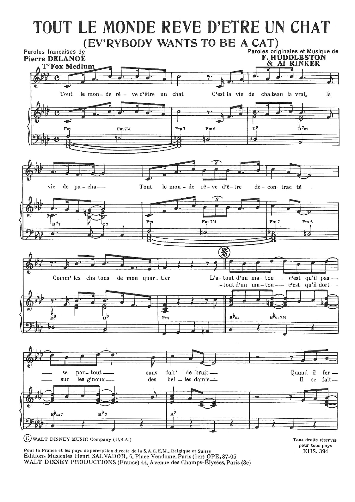 Henri Salvador Tout Le Monde Reve D'etre Un Chat (Ev'rybody Wants To Be A Cat) Sheet Music Notes & Chords for Piano & Vocal - Download or Print PDF