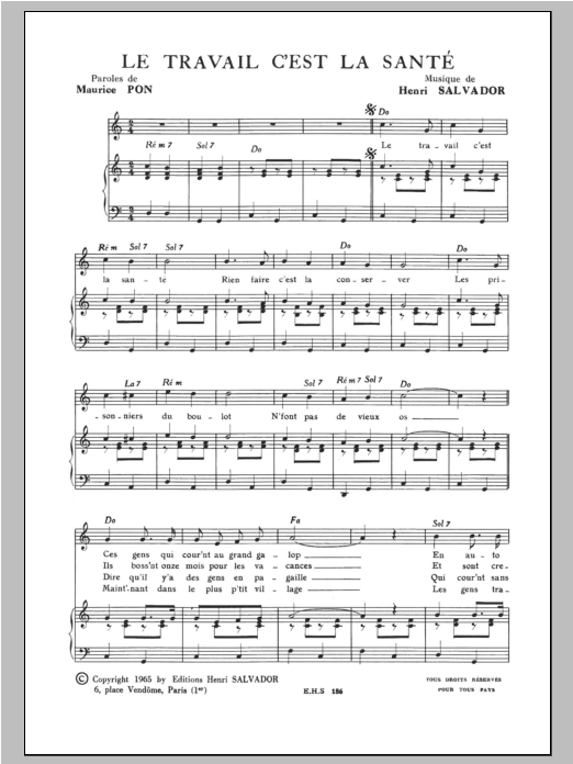 Henri Salvador Travail C'est La Sante Sheet Music Notes & Chords for Piano & Vocal - Download or Print PDF