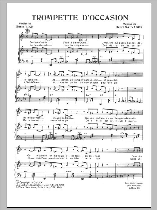 Henri Salvador Trompette D'occasion Sheet Music Notes & Chords for Piano & Vocal - Download or Print PDF