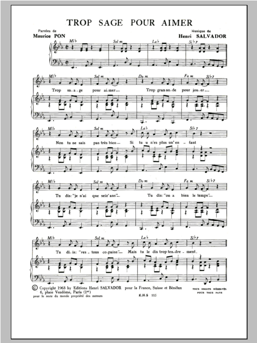 Henri Salvador Trop Sage Pour Aimer Sheet Music Notes & Chords for Piano & Vocal - Download or Print PDF