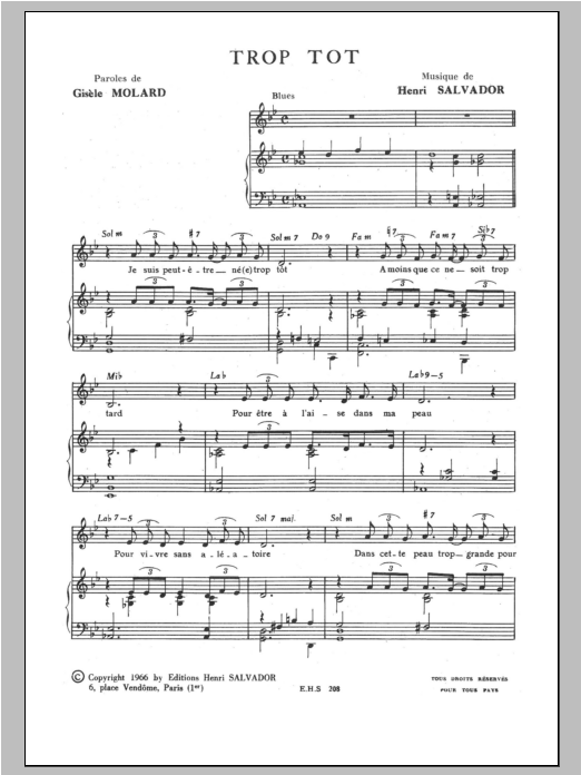 Henri Salvador Trop Tot Sheet Music Notes & Chords for Piano & Vocal - Download or Print PDF