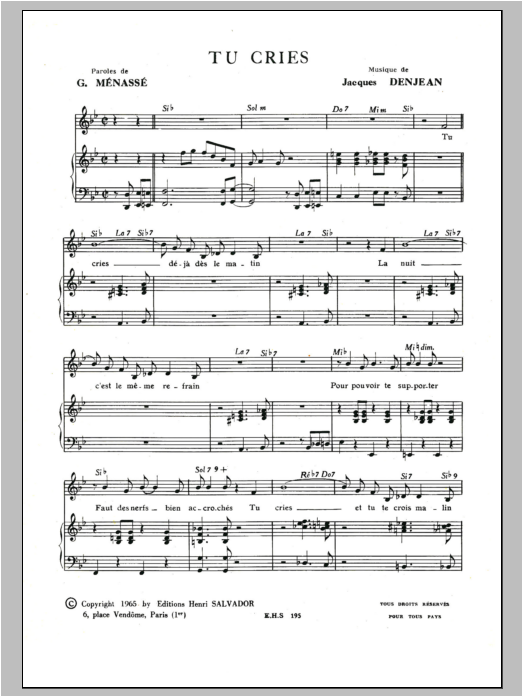 Henri Salvador Tu Cries Sheet Music Notes & Chords for Piano & Vocal - Download or Print PDF