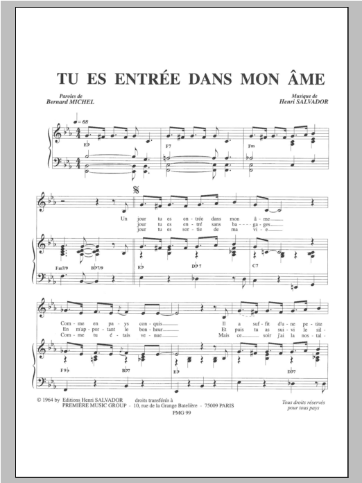 Henri Salvador Tu Es Entree Dans Mon Ame Sheet Music Notes & Chords for Piano & Vocal - Download or Print PDF