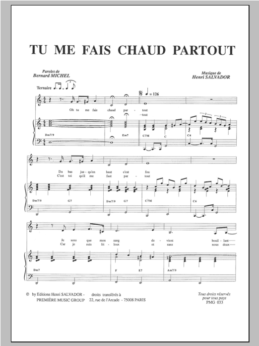 Henri Salvador Tu Me Fais Chaud Partout Sheet Music Notes & Chords for Piano & Vocal - Download or Print PDF