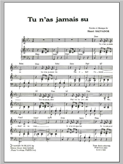 Henri Salvador Tu N'as Jamais Su Sheet Music Notes & Chords for Piano & Vocal - Download or Print PDF