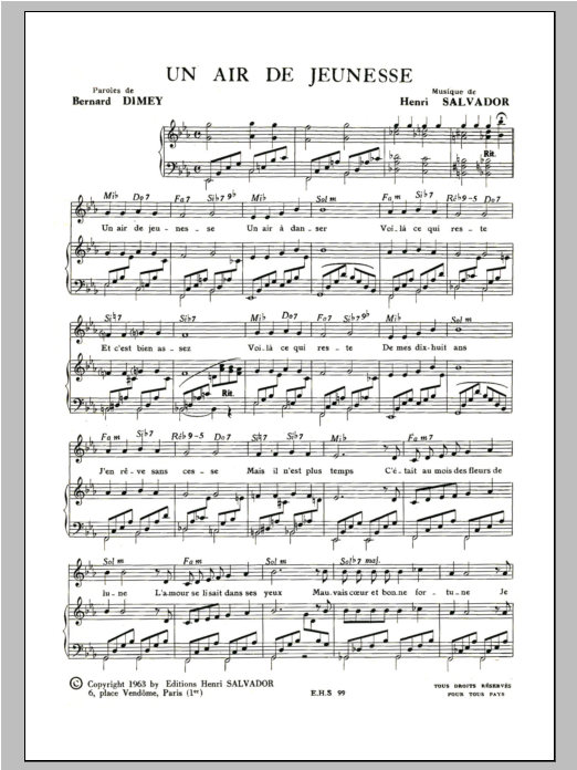 Henri Salvador Un Air De Jeunesse Sheet Music Notes & Chords for Piano & Vocal - Download or Print PDF