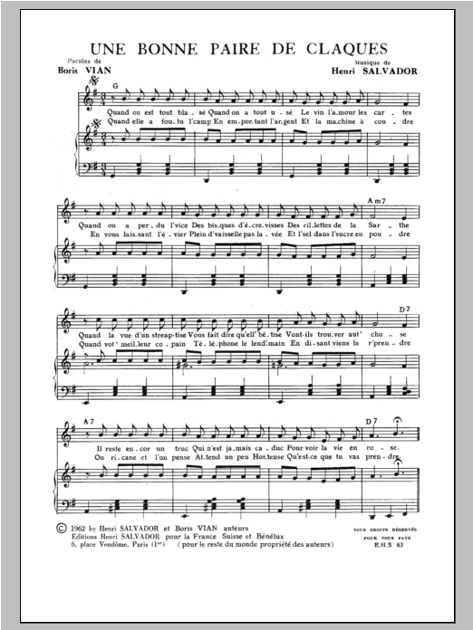 Henri Salvador Une Bonne Paire De Claques Sheet Music Notes & Chords for Piano & Vocal - Download or Print PDF