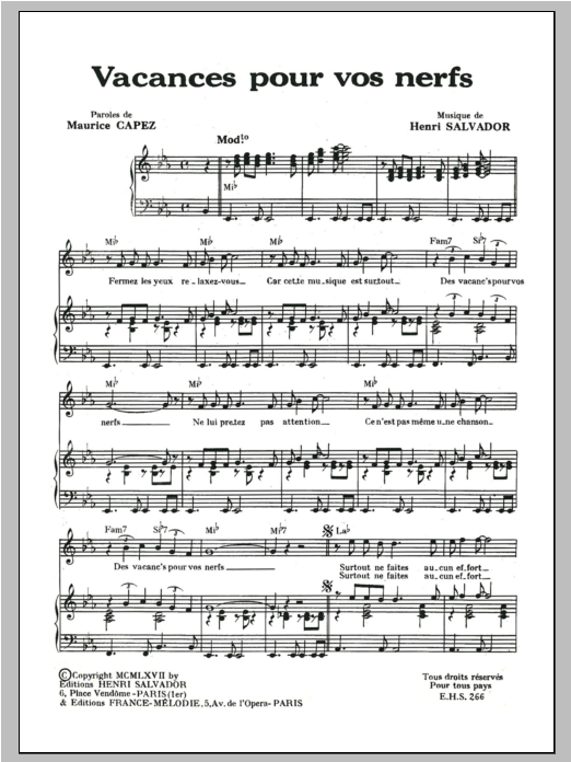 Henri Salvador Vacances Pour Vos Nerfs Sheet Music Notes & Chords for Piano & Vocal - Download or Print PDF