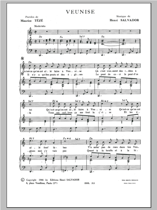 Henri Salvador Veunise Sheet Music Notes & Chords for Piano & Vocal - Download or Print PDF