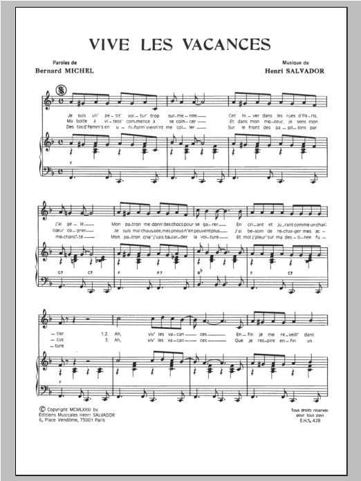 Henri Salvador Vive Les Vacances Sheet Music Notes & Chords for Piano & Vocal - Download or Print PDF