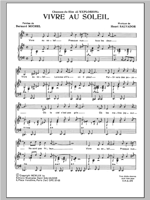 Henri Salvador Vivre Au Soleil Sheet Music Notes & Chords for Piano & Vocal - Download or Print PDF