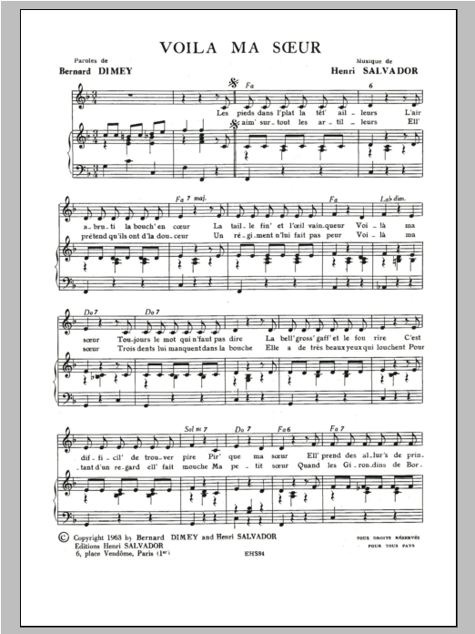 Henri Salvador Voila Ma Soeur Sheet Music Notes & Chords for Piano & Vocal - Download or Print PDF