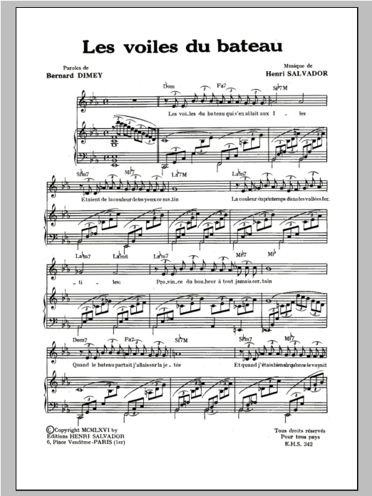 Henri Salvador Voiles Du Bateau Sheet Music Notes & Chords for Piano & Vocal - Download or Print PDF