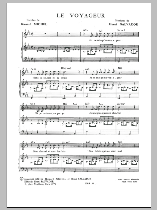 Henri Salvador Voyageur Sheet Music Notes & Chords for Piano & Vocal - Download or Print PDF