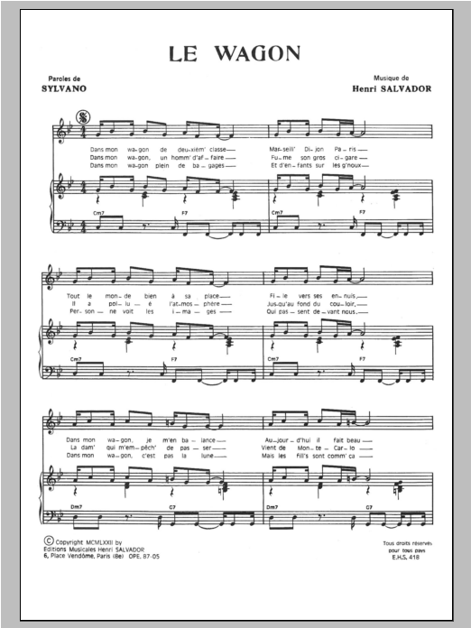 Henri Salvador Wagon Sheet Music Notes & Chords for Piano & Vocal - Download or Print PDF