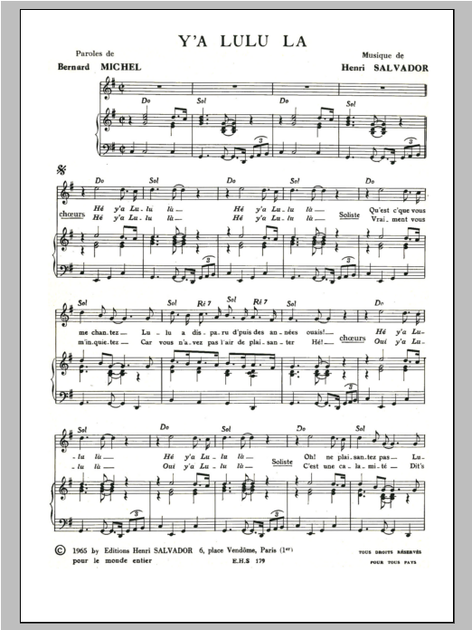 Henri Salvador Y A Lulu La Sheet Music Notes & Chords for Piano & Vocal - Download or Print PDF