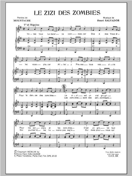 Henri Salvador Zizi Des Zombies Sheet Music Notes & Chords for Piano & Vocal - Download or Print PDF