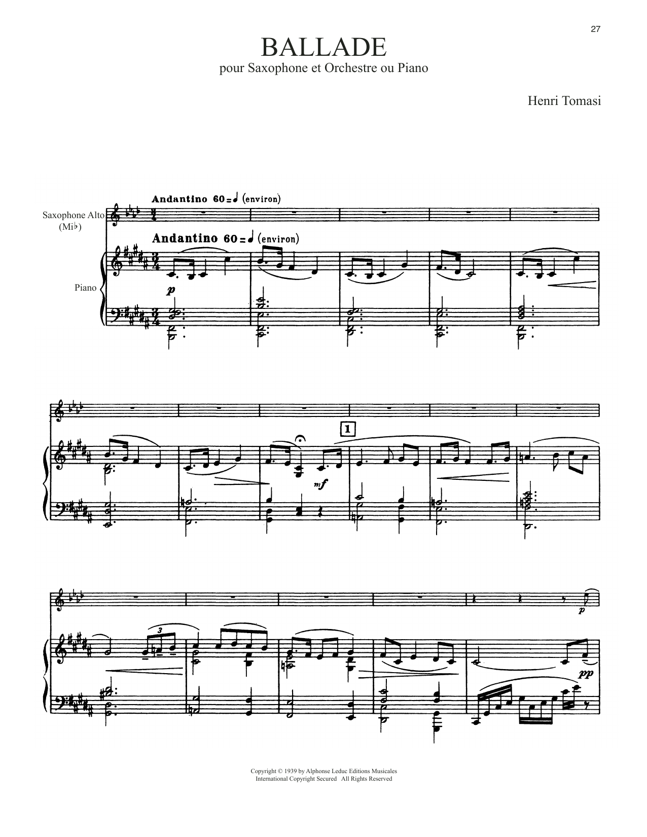 Henri Tomasi Ballade Sheet Music Notes & Chords for Alto Sax and Piano - Download or Print PDF