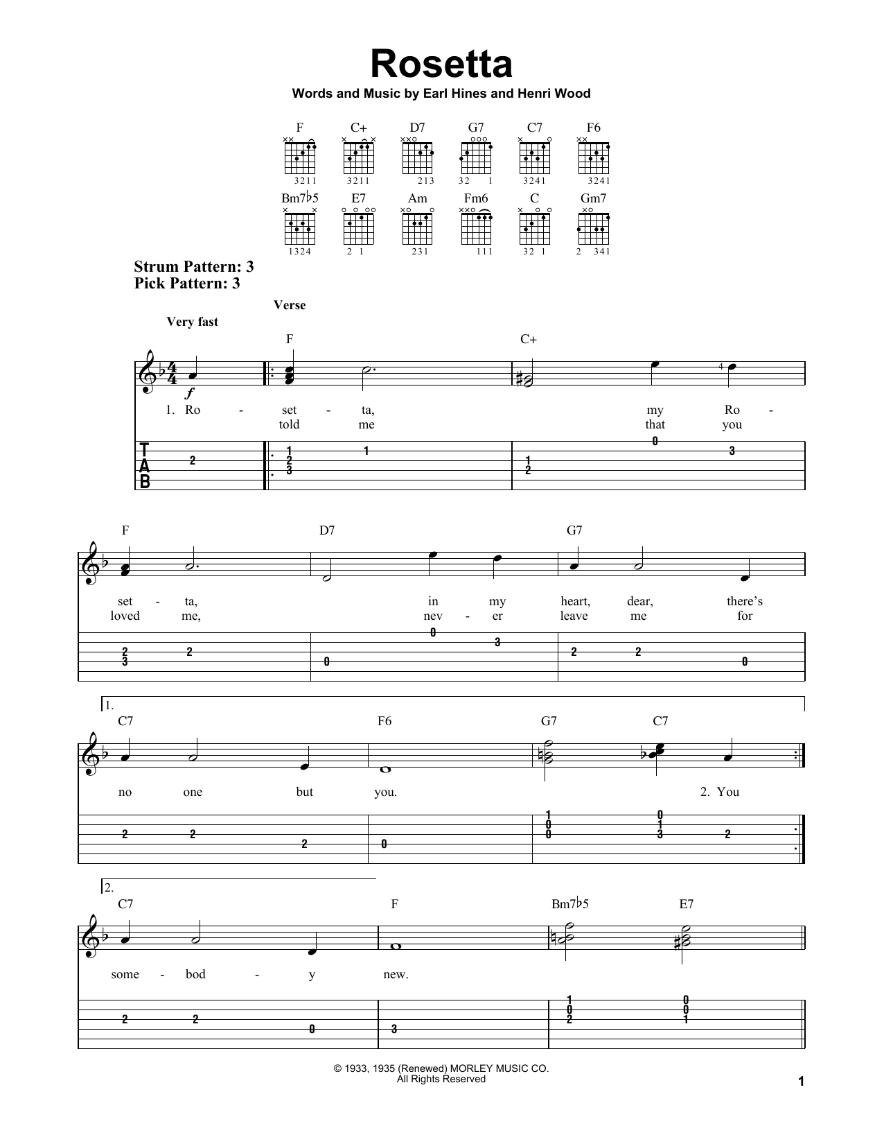Preview Henri Wood Rosetta Jazz sheet music, notes and chords for Easy Guitar Tab, SKU: 180385 Rosetta sheet music