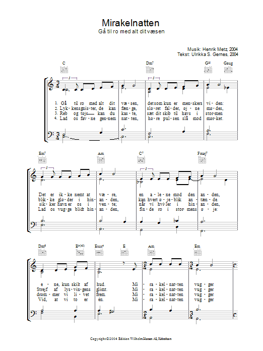 Henrik Metz Mirakelnatten Sheet Music Notes & Chords for Piano, Vocal & Guitar (Right-Hand Melody) - Download or Print PDF
