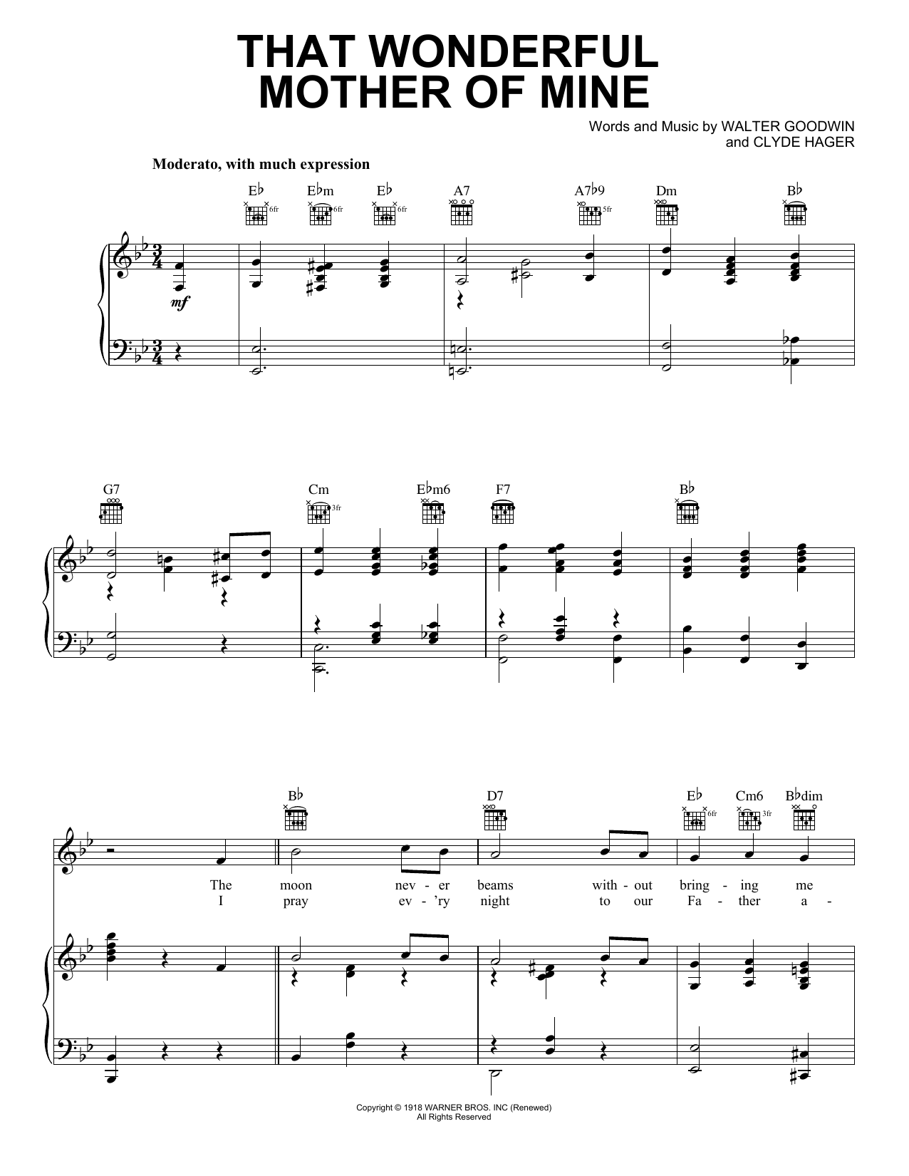 Henry Burr That Wonderful Mother Of Mine Sheet Music Notes & Chords for Piano, Vocal & Guitar (Right-Hand Melody) - Download or Print PDF