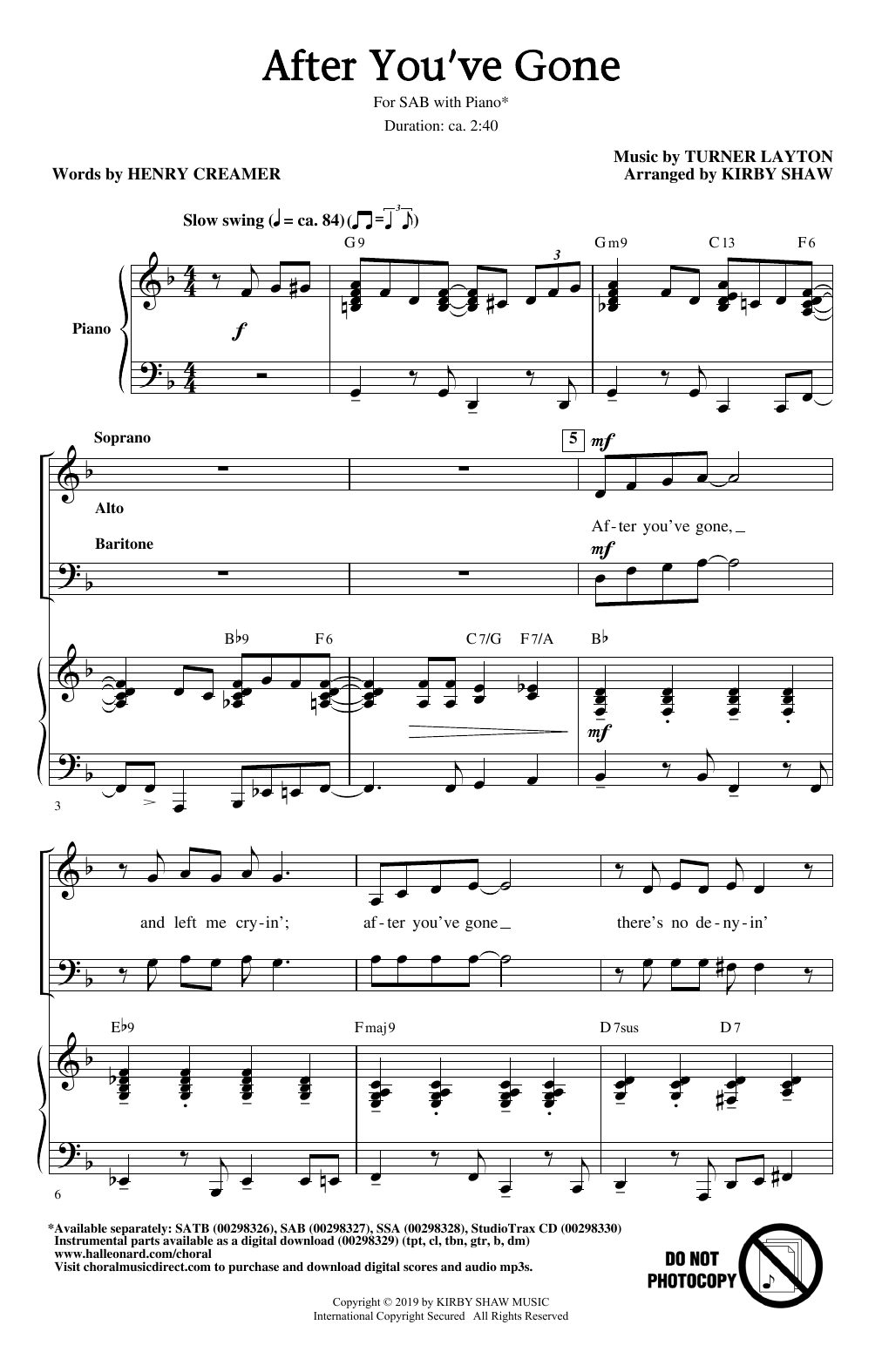 Henry Creamer and Turner Layton After You've Gone (from One Mo' Time) (arr. Kirby Shaw) Sheet Music Notes & Chords for SAB Choir - Download or Print PDF