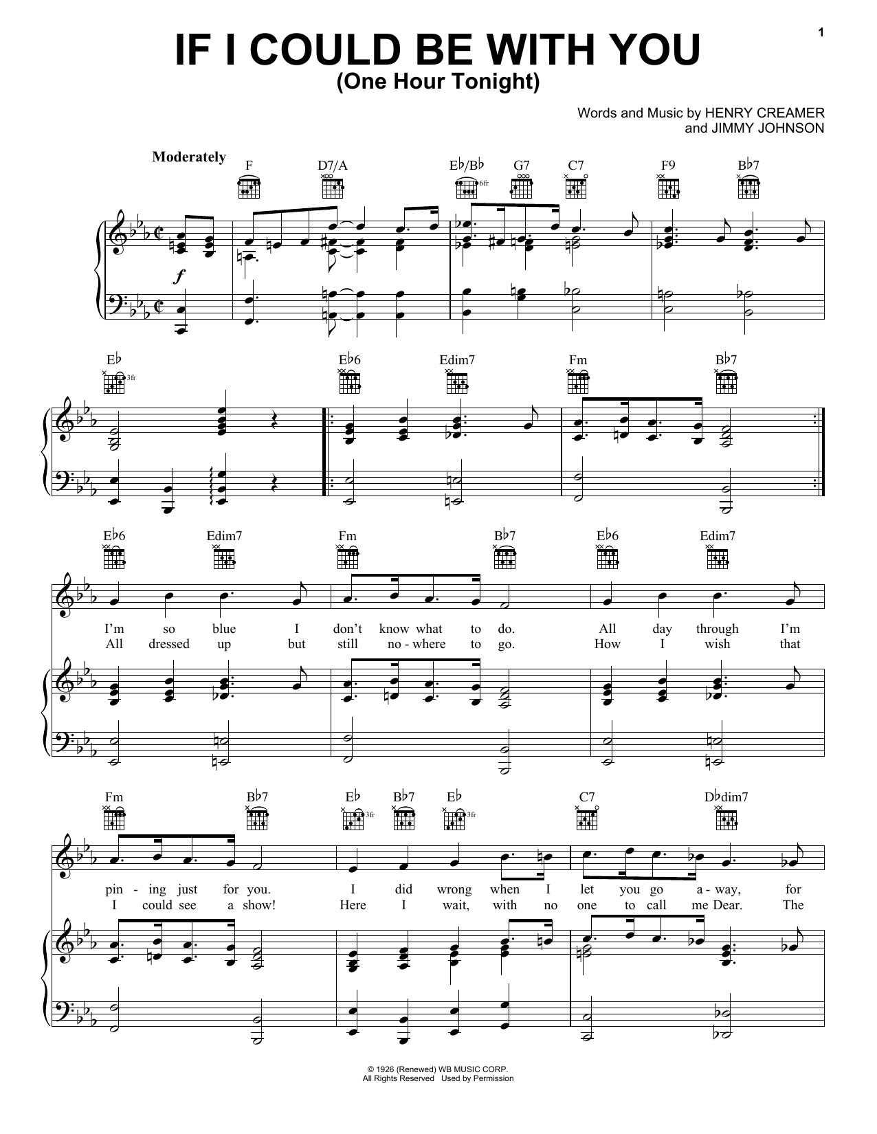 Henry Creamer If I Could Be With You (One Hour Tonight) Sheet Music Notes & Chords for Piano, Vocal & Guitar (Right-Hand Melody) - Download or Print PDF