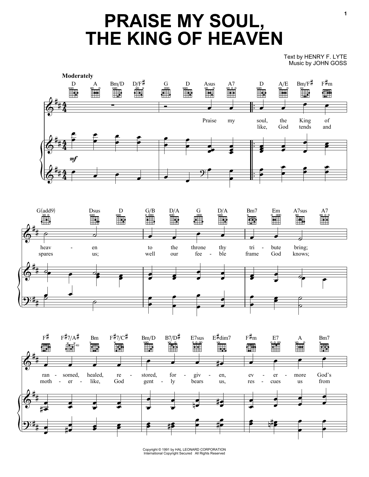 Henry F. Lyte Praise, My Soul, The King Of Heaven Sheet Music Notes & Chords for Piano, Vocal & Guitar Chords (Right-Hand Melody) - Download or Print PDF