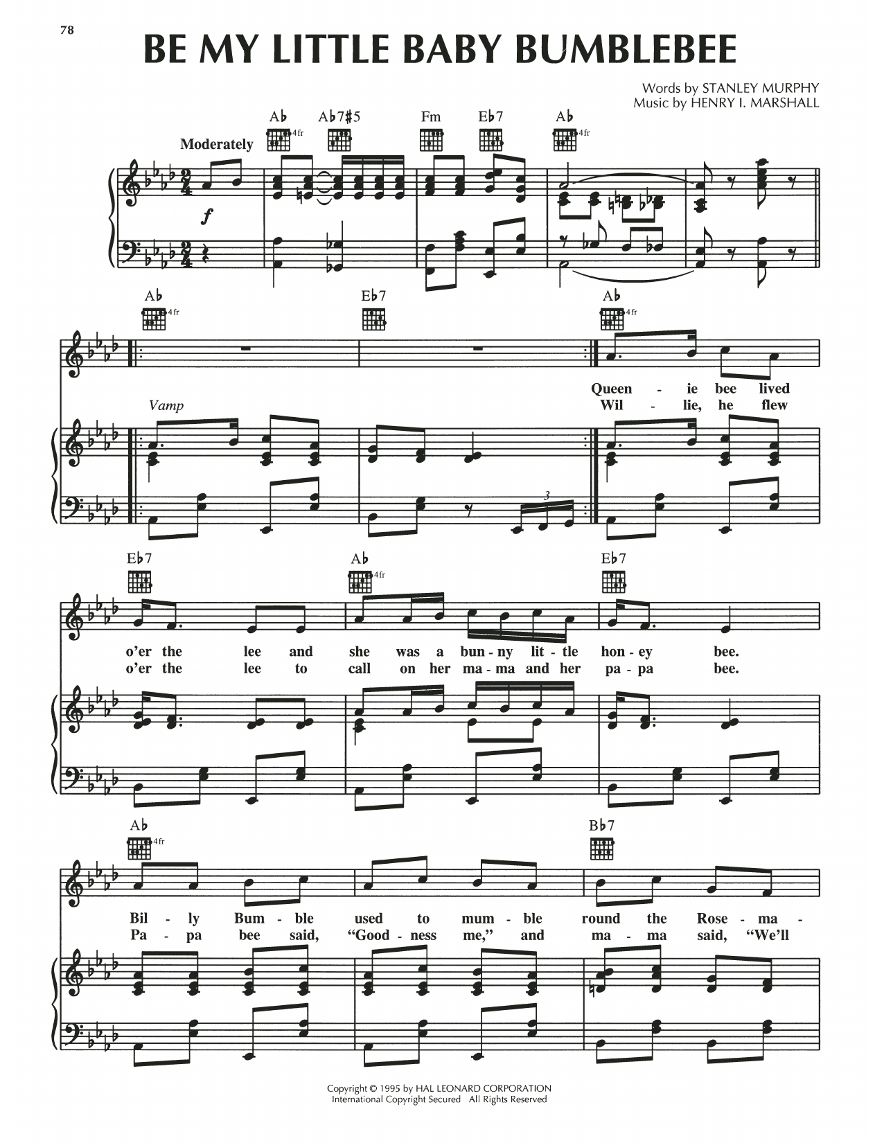 Henry I. Marshall Be My Little Baby Bumblebee Sheet Music Notes & Chords for Piano, Vocal & Guitar Chords (Right-Hand Melody) - Download or Print PDF