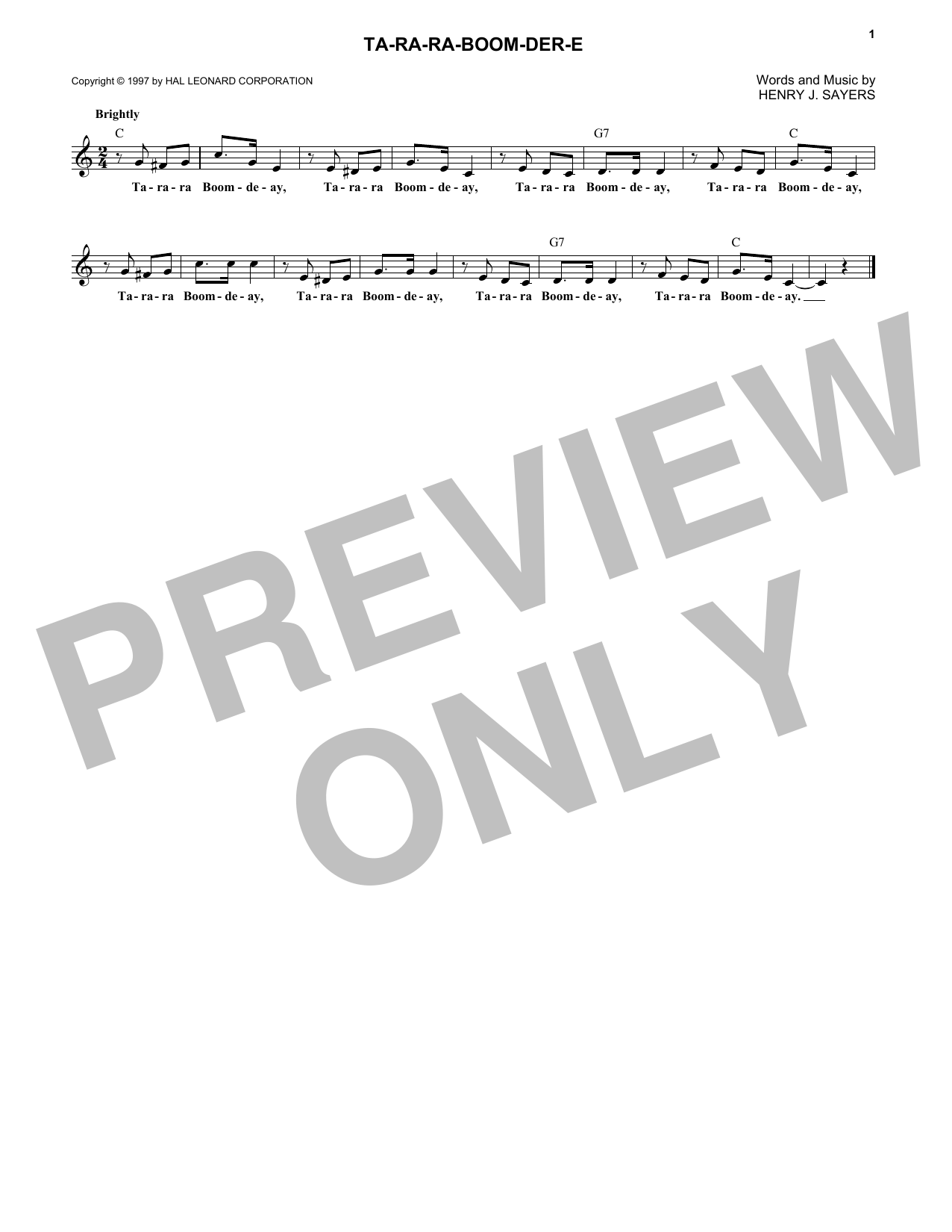 Henry J. Sayers Ta-Ra-Ra-Boom-Der-E Sheet Music Notes & Chords for Melody Line, Lyrics & Chords - Download or Print PDF