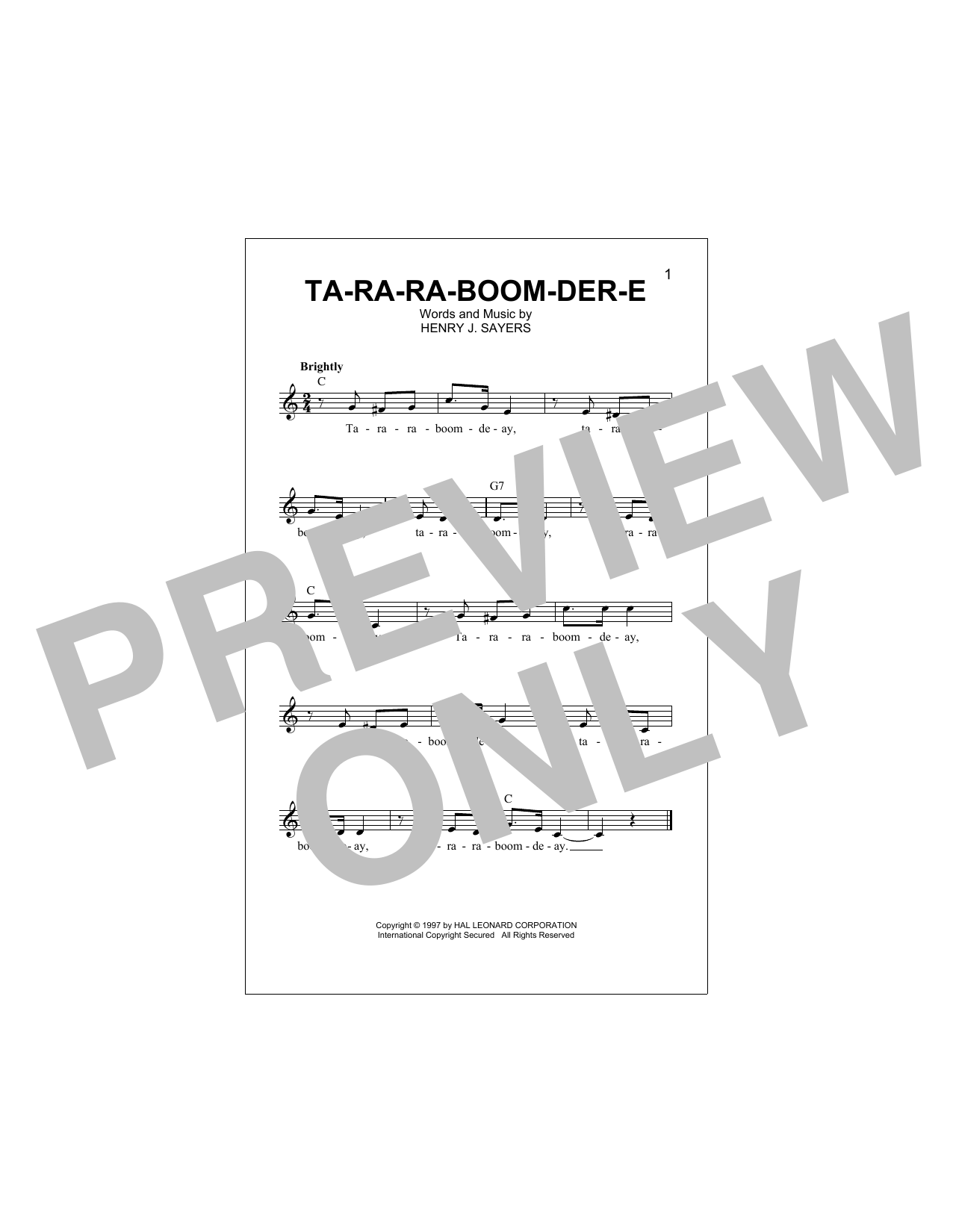 Henry J. Sayers Ta-Ra-Ra-Boom-Der-E Sheet Music Notes & Chords for Piano, Vocal & Guitar (Right-Hand Melody) - Download or Print PDF