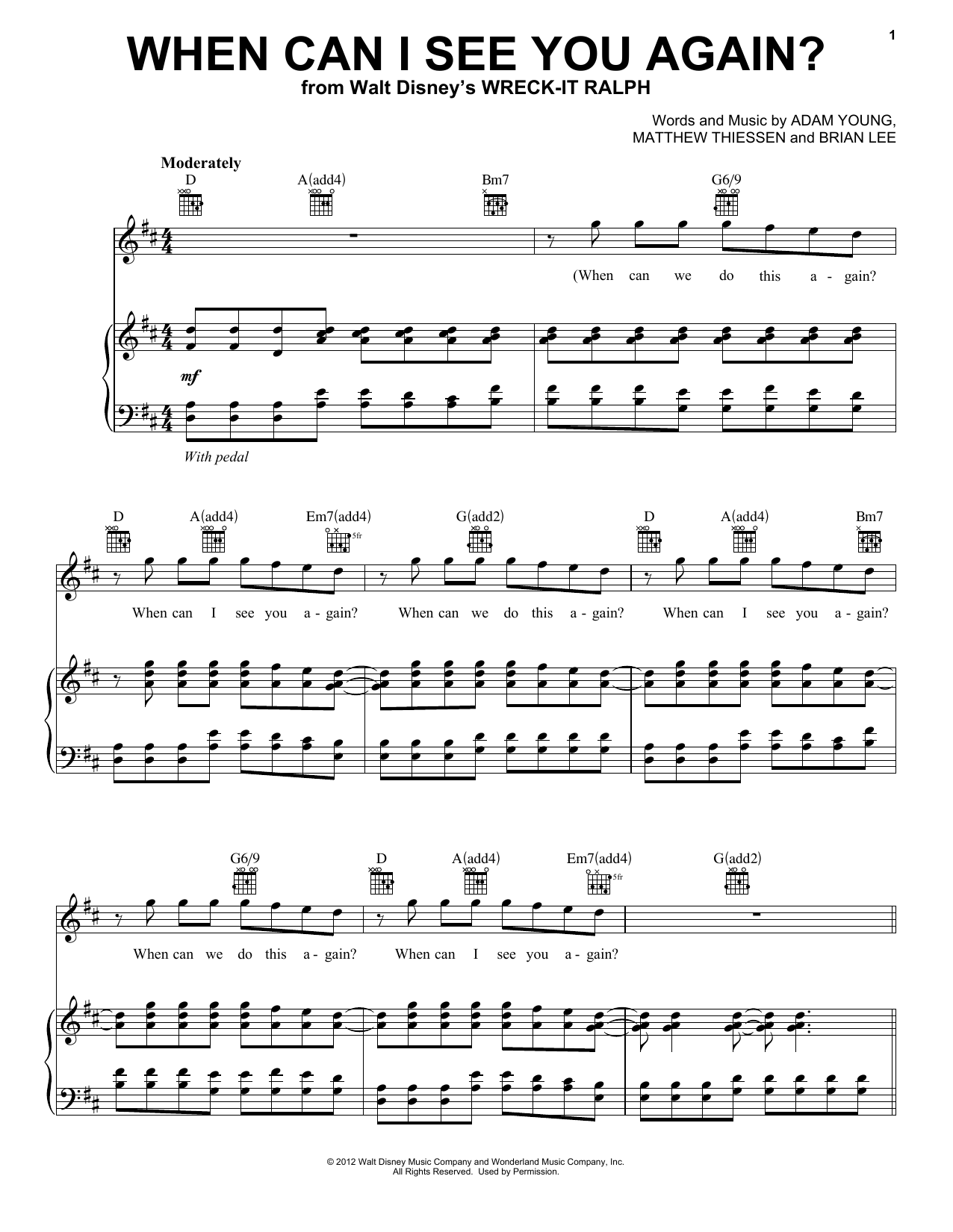 Henry Jackman When Can I See You Again? Sheet Music Notes & Chords for Piano, Vocal & Guitar (Right-Hand Melody) - Download or Print PDF