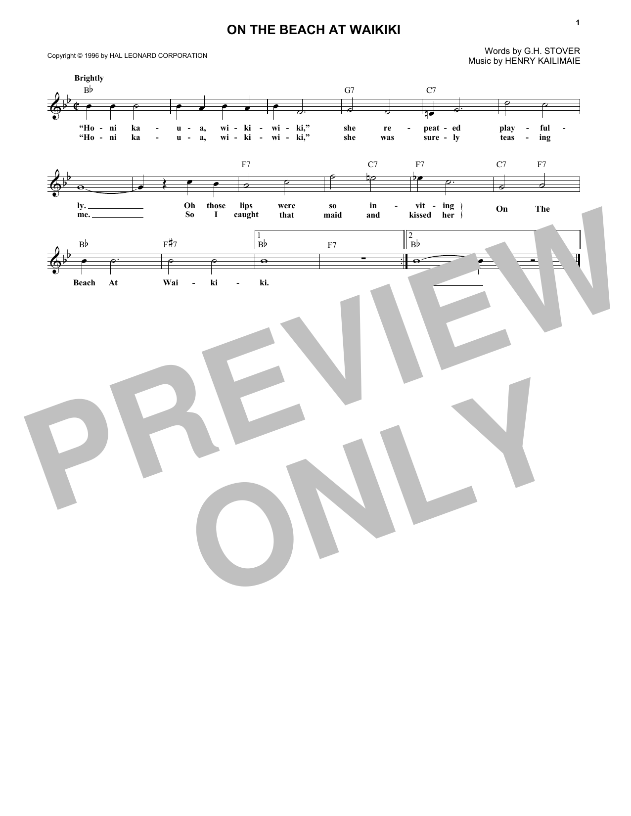 Henry Kailimaie On The Beach At Waikiki Sheet Music Notes & Chords for Melody Line, Lyrics & Chords - Download or Print PDF