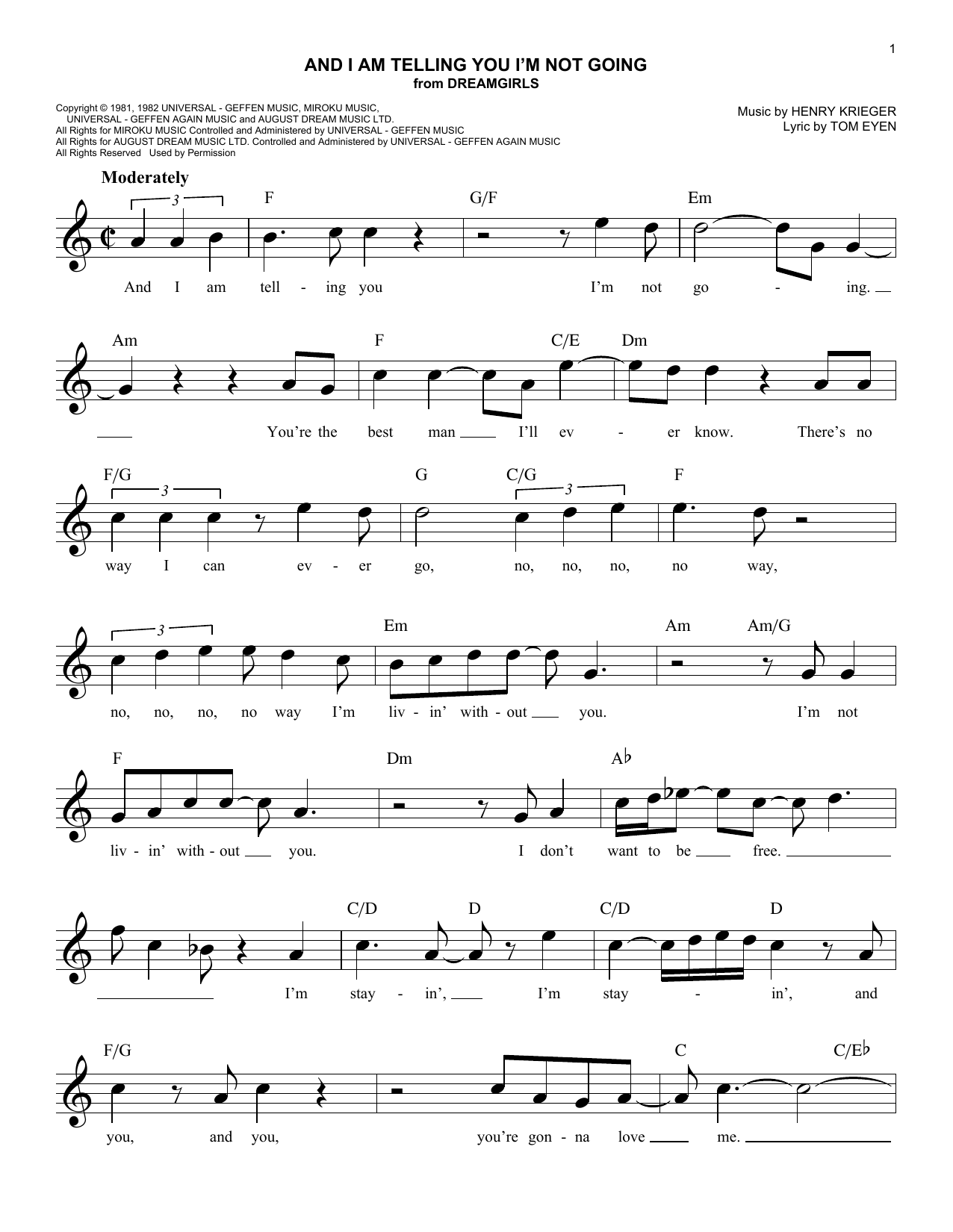 Henry Krieger And I Am Telling You I'm Not Going Sheet Music Notes & Chords for Melody Line, Lyrics & Chords - Download or Print PDF