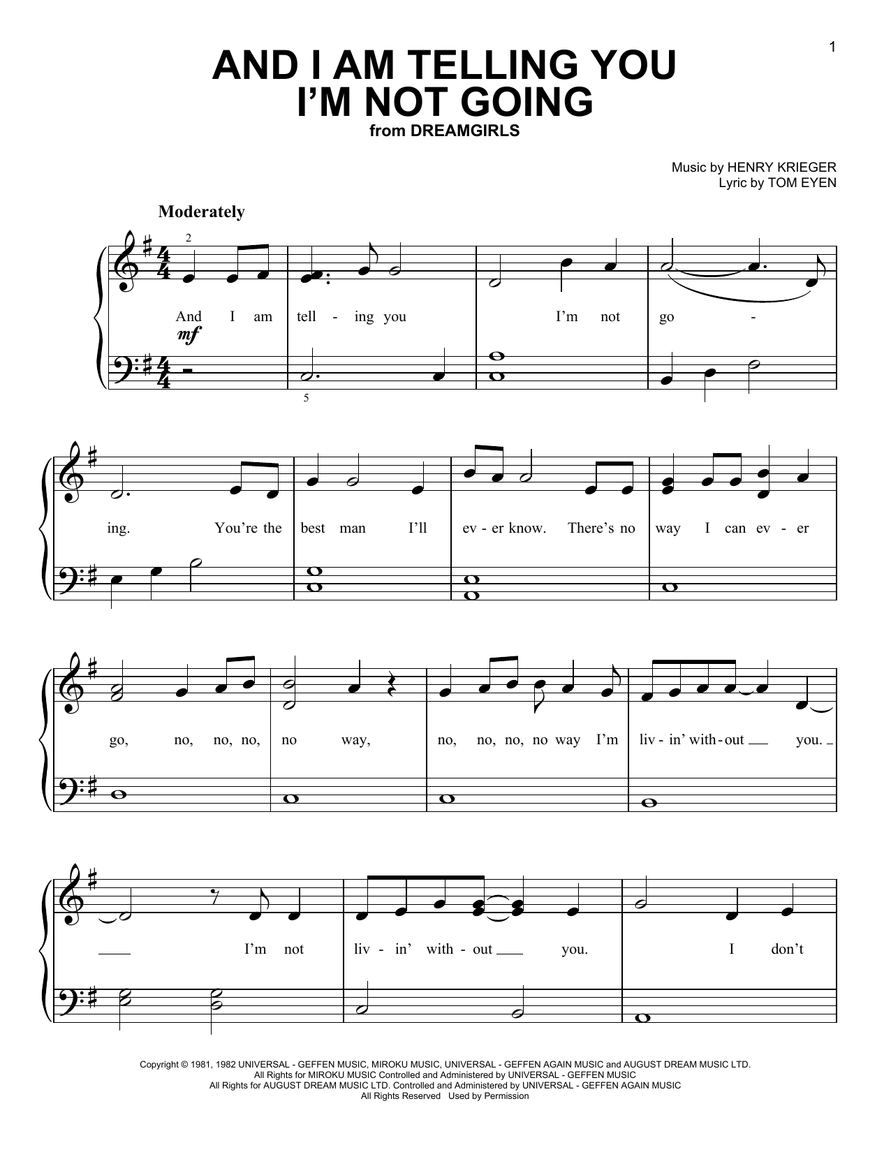 Henry Krieger and Tom Eyen And I Am Telling You I'm Not Going (from the musical Dreamgirls) Sheet Music Notes & Chords for Very Easy Piano - Download or Print PDF