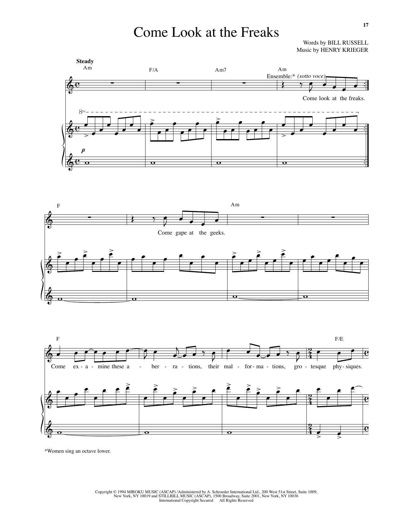 Henry Krieger Come Look At The Freaks (from Side Show) Sheet Music Notes & Chords for Piano & Vocal - Download or Print PDF