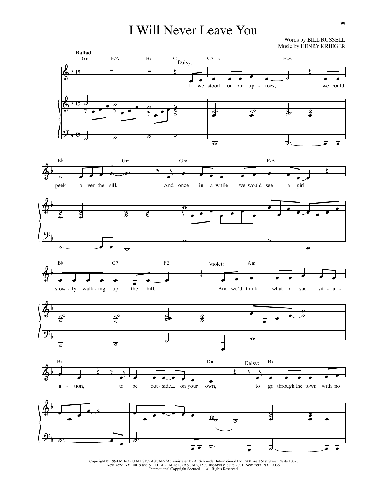 Henry Krieger I Will Never Leave You (from Side Show) Sheet Music Notes & Chords for Piano & Vocal - Download or Print PDF