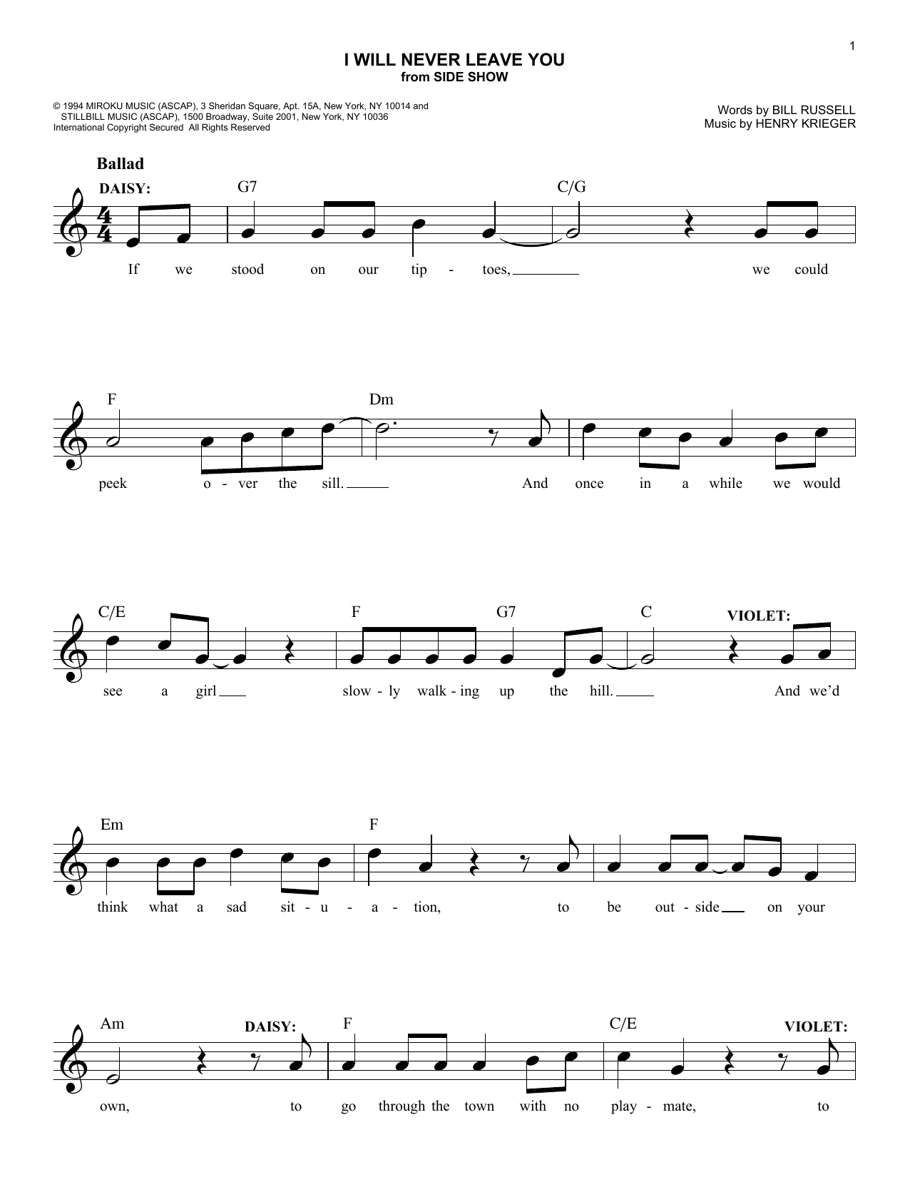 Henry Krieger I Will Never Leave You Sheet Music Notes & Chords for Melody Line, Lyrics & Chords - Download or Print PDF