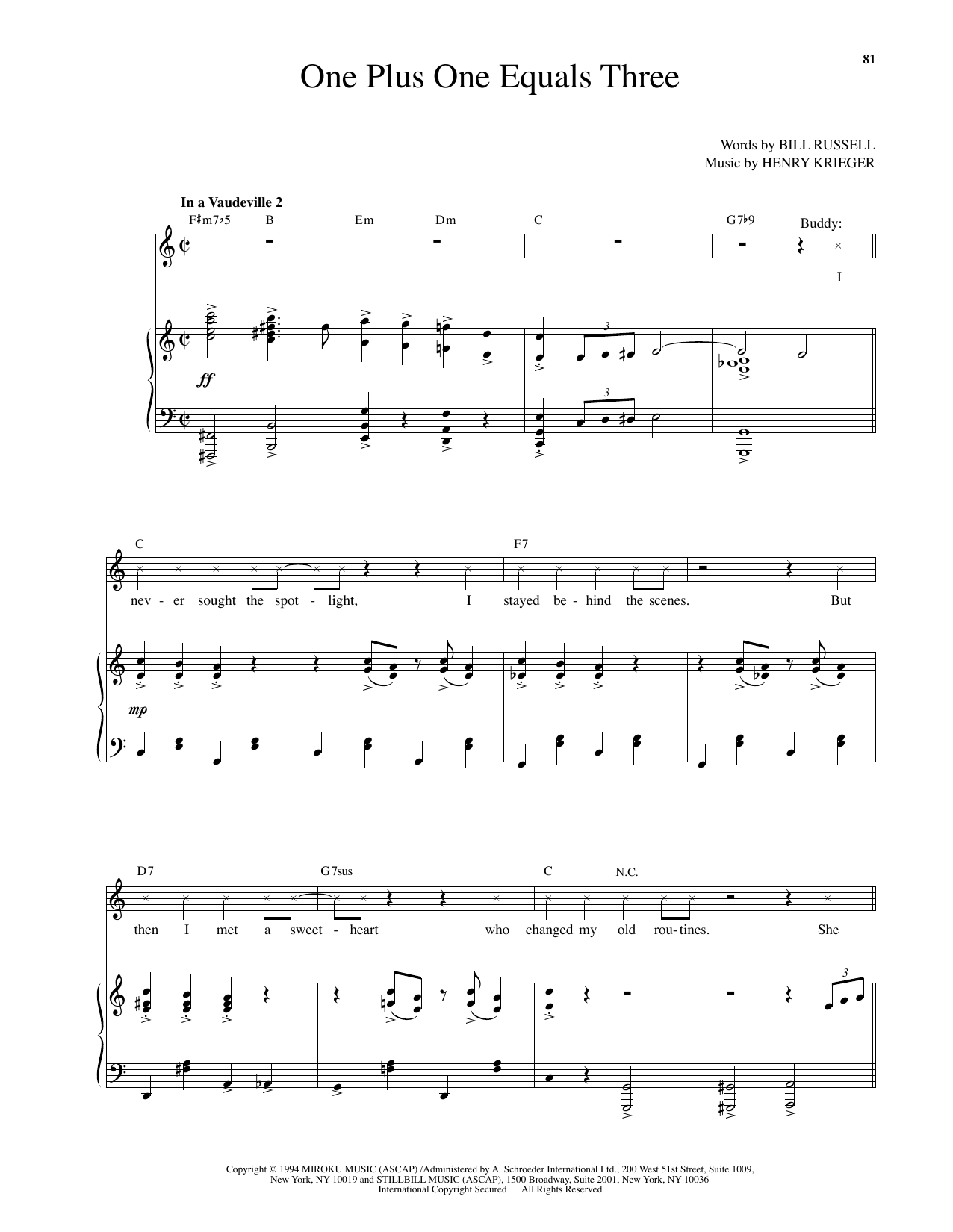 Henry Krieger One Plus One Equals Three (from Side Show) Sheet Music Notes & Chords for Piano & Vocal - Download or Print PDF