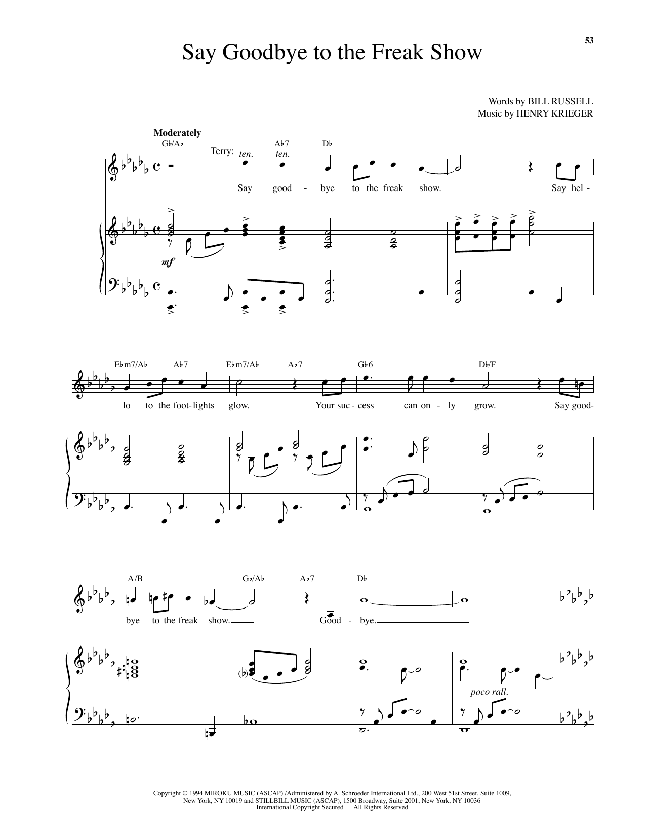Henry Krieger Say Goodbye To The Freak Show (from Side Show) Sheet Music Notes & Chords for Piano & Vocal - Download or Print PDF