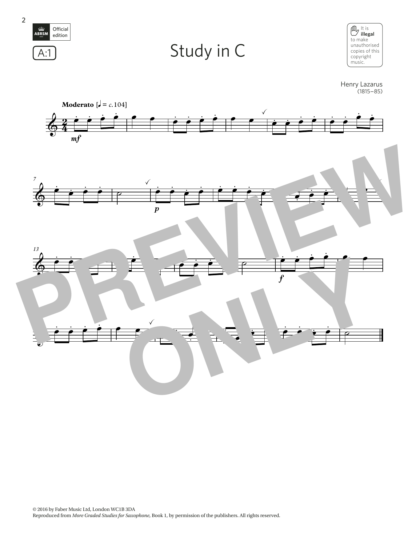 Henry Lazarus Study in C (Grade 1 List A1 from the ABRSM Saxophone syllabus from 2022) Sheet Music Notes & Chords for Alto Sax Solo - Download or Print PDF